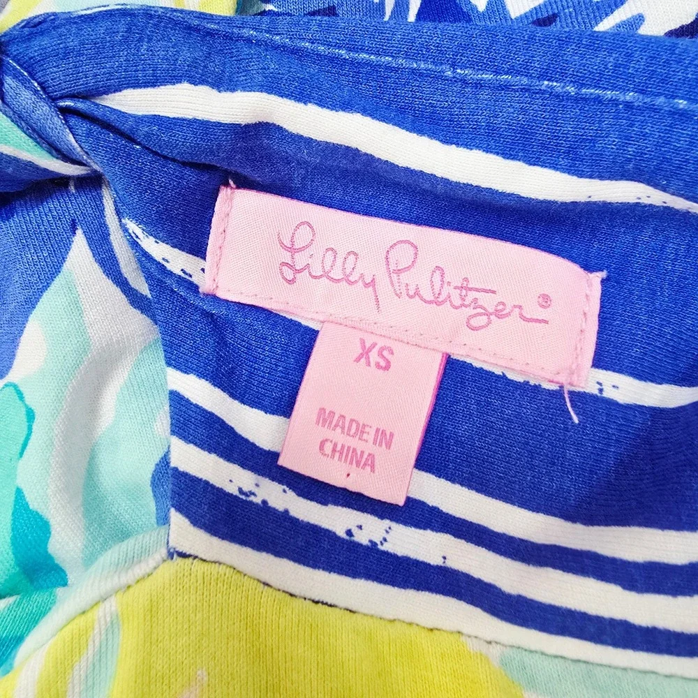 Lilly Pulitzer XS Blue White Striped Floral Tropical V-Neck Cross Back Dress - Picture 9 of 11